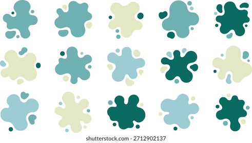 Conjunto de Formas orgánicas abstractas y blobs en tonos pastel verde azulado, crema y verde.