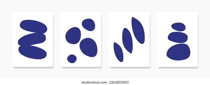 Conjunto de formas orgánicas abstractas como las piedras con lienzo azul sobre blanco. Pintura para decoración de paredes, interiores, impresiones, cubierta y postal.