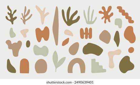 Set of abstract organic shapes element vector. Plants, cactus, leaf, algae, vase in paper cut collage style. Contemporary aesthetic vector element for logo, decoration, print, cover, wallpaper.