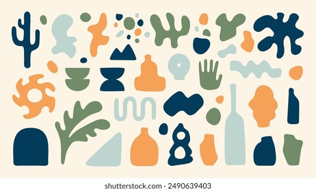 Set of abstract organic shapes element vector. Plants, cactus, leaf, algae, vase in paper cut collage style. Contemporary aesthetic vector element for logo, decoration, print, cover, wallpaper.