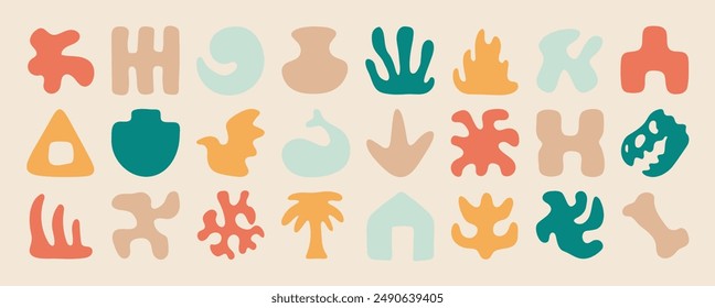 Set of abstract organic shapes element vector. Plants, coconut tree, leaf, algae, vase in paper cut collage. Contemporary aesthetic vector element for logo, decoration, print, cover, wallpaper.