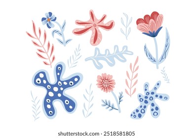 Conjunto de Formas orgánicas abstractas y florales. Ilustración de colección plana dibujada a mano de Vector aislada sobre fondo blanco.