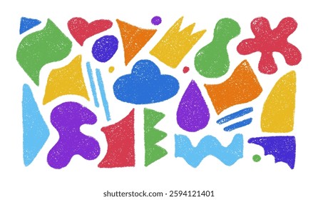 Set of abstract organic shapes and forms hand drawn with colored pencils. Crayon brush texture. Modern kids design elements. Vector illustration isolated on a white background.