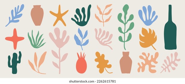 Set of abstract organic shapes inspired by matisse. Plants, cactus, leaf, algae, vase in paper cut collage style. Contemporary aesthetic vector element for logo, decoration, print, cover, wallpaper.
