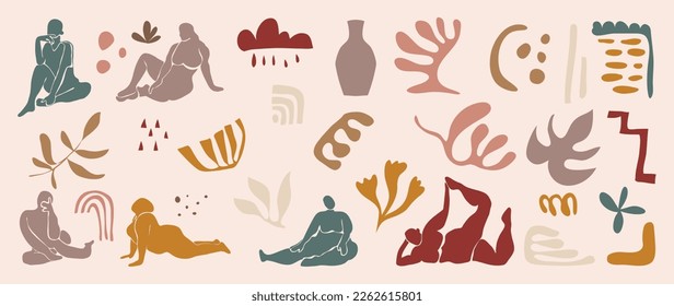 Set of abstract organic shapes inspired by matisse. Female body nude posture, vase, leaf papercut style earth tone color. Contemporary aesthetic vector element for logo, decoration, print, cover.