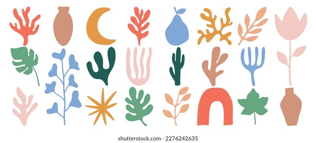 Set of abstract organic shapes inspired by matisse. Plants, cactus, leaf, algae, vase in paper cut collage style. Contemporary aesthetic vector element for logo, decoration, print, cover, wallpaper.