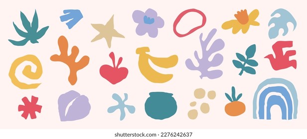 Set of abstract organic shapes inspired by matisse. Plants, cactus, leaf, algae, vase in paper cut collage style. Contemporary aesthetic vector element for logo, decoration, print, cover, wallpaper.