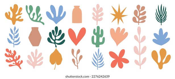 Set of abstract organic shapes inspired by matisse. Plants, cactus, leaf, algae, vase in paper cut collage style. Contemporary aesthetic vector element for logo, decoration, print, cover, wallpaper.