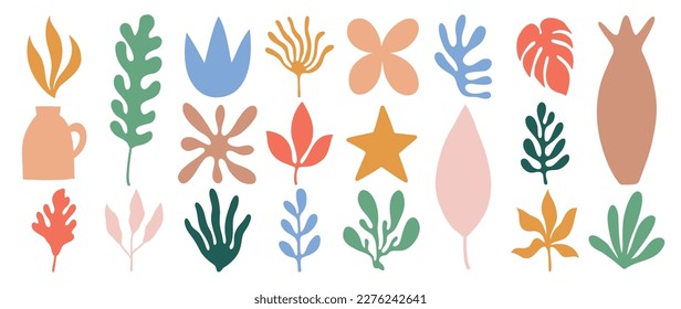 Set of abstract organic shapes inspired by matisse. Plants, cactus, leaf, algae, vase in paper cut collage style. Contemporary aesthetic vector element for logo, decoration, print, cover, wallpaper.