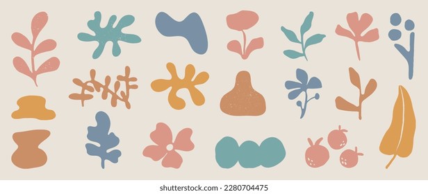 Set of abstract organic shapes inspired by matisse. Plants, leaf, algae, vase, coral in paper cut collage style. Contemporary aesthetic vector element for logo, decoration, print, cover, wallpaper.