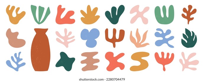 Set of abstract organic shapes inspired by matisse. Plants, leaf, algae, vase in paper cut collage style. Contemporary aesthetic vector element for logo, decoration, print, cover, wallpaper.