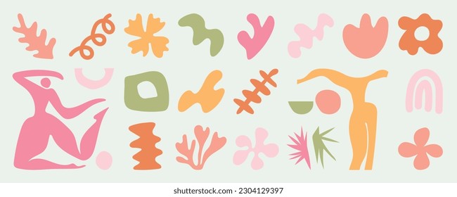 Set of abstract organic shapes inspired by matisse. Plants, leaf, people, algae, vase in paper cut collage style. Contemporary aesthetic vector element for logo, decoration, print, cover, wallpaper.