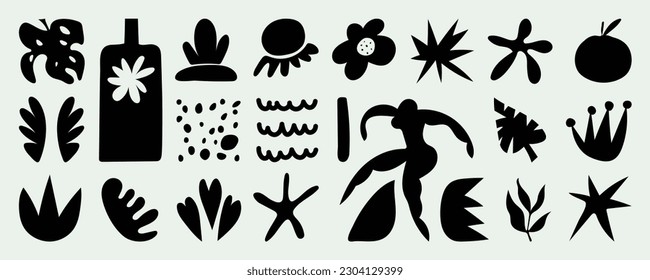 Set of abstract organic shapes inspired by matisse. Plants, leaf, people, algae, vase in paper cut collage style. Contemporary aesthetic vector element for logo, decoration, print, cover, wallpaper.