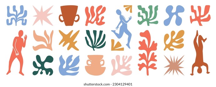 Set of abstract organic shapes inspired by matisse. Plants, leaf, people, algae, vase in paper cut collage style. Contemporary aesthetic vector element for logo, decoration, print, cover, wallpaper.