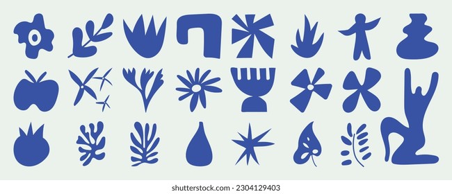 Set of abstract organic shapes inspired by matisse. Plants, leaf, people, algae, vase in paper cut collage style. Contemporary aesthetic vector element for logo, decoration, print, cover, wallpaper.
