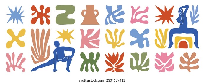 Set of abstract organic shapes inspired by matisse. Plants, leaf, people, algae, vase in paper cut collage style. Contemporary aesthetic vector element for logo, decoration, print, cover, wallpaper.