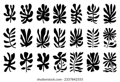 Set of abstract organic shapes inspired by matisse. Plants, cactus, leaf, algae, vase in paper cut collage style. Contemporary aesthetic vector element for logo, decoration, print, cover, wallpaper