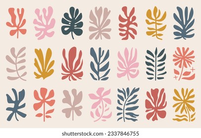 Set of abstract organic shapes inspired by matisse. Plants, cactus, leaf, algae, vase in paper cut collage style. Contemporary aesthetic vector element for logo, decoration, print, cover, wallpaper