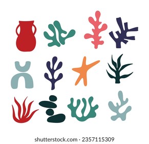 Set of abstract organic shapes inspired by matisse. Plants, cactus, leaf, algae, vase in paper cut collage style. Contemporary aesthetic vector element for logo, decoration, print, cover, wallpaper.