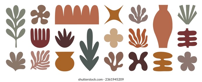 Set of abstract organic shapes inspired by matisse. Plants, coral, leaf, algae, vase in paper cut collage style. Contemporary aesthetic vector element for logo, decoration, print, cover, wallpaper.