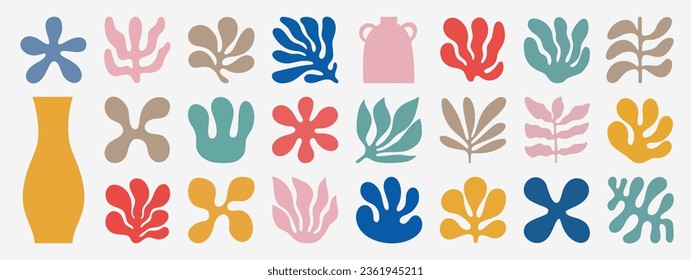 Set of abstract organic shapes inspired by matisse. Plants, coral, leaf, algae, vase in paper cut collage style. Contemporary aesthetic vector element for logo, decoration, print, cover, wallpaper.