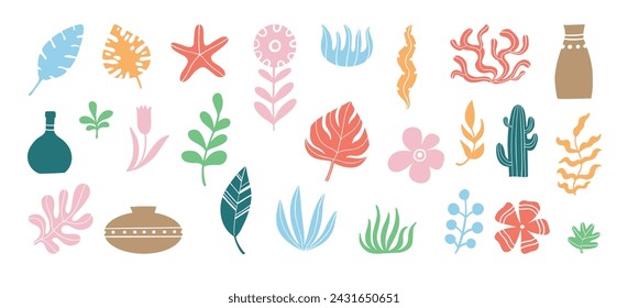 Set of abstract organic shapes inspired by matisse. Plants, cactus, leaf, algae, vase in paper cut collage style. Contemporary aesthetic vector element for logo, decoration, print, cover, wallpaper.