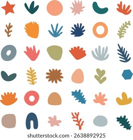 Set of abstract organic shapes inspired by matisse. Plants, cactus, leaf, algae, vase in paper cut collage style. Contemporary aesthetic vector element for logo, decoration, print, cover, wallpaper.