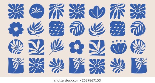 Set of abstract organic shapes inspired by matisse. Plants, cactus, leaf, algae, vase in paper cut collage style. Contemporary aesthetic vector element for logo, decoration, print, cover, wallpaper.