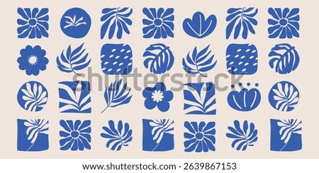 Set of abstract organic shapes inspired by matisse. Plants, cactus, leaf, algae, vase in paper cut collage style. Contemporary aesthetic vector element for logo, decoration, print, cover, wallpaper.
