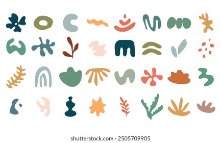 Set of abstract organic shapes kit, vector irregular hand drawn blob set, organic shapes, liquid form, nature liquid random forms. Vector retro colors set of hand-drawn geometric shapes boho style.