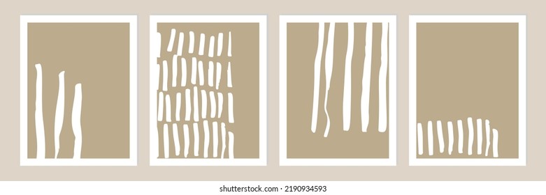 Set of abstract organic shapes, lines and textures in white on neutral nude and beige background. 
Pattern in minimalist style. Modern contemporary art in white. Vector illustration.
