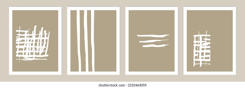 Set of abstract organic shapes, lines and textures in white on neutral nude and beige background. 
Pattern in minimalist style. Modern contemporary art in white. Vector illustration.
