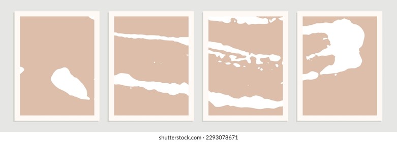 Set of abstract organic shapes, lines and textures in white on neutral nude and beige background. 
Earth colors pattern in minimalist style. Modern contemporary art in white. Vector illustration.