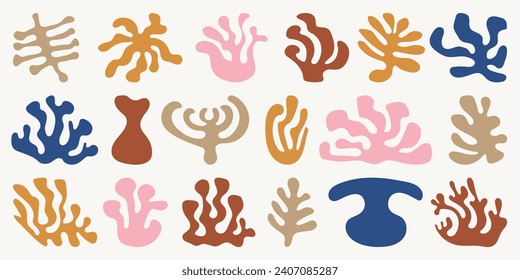 Set of abstract organic shapes. Sea plants, sponge, leaf, corals, algae, vase in paper cut collage style. Contemporary aesthetic vector element for logo, decoration, print, cover, wallpaper. Matisse