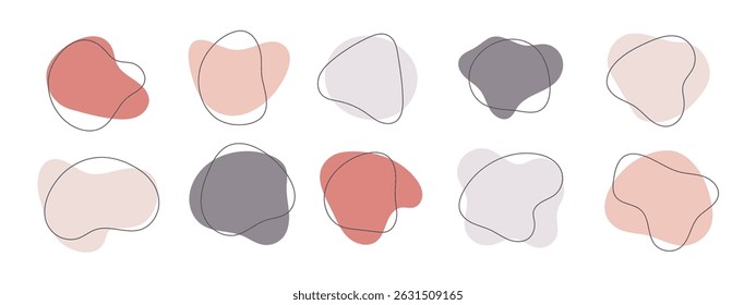 Set of abstract organic shapes with soft pastel colors and thin line contours. Modern liquid blobs, vector minimalist design elements for backgrounds, branding, or social media