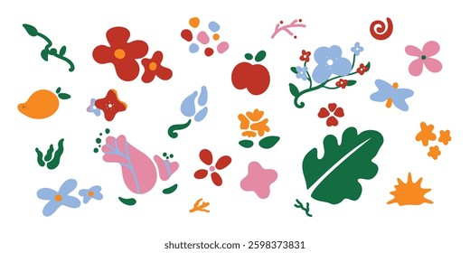 Set of abstract organic shapes vector. Collection of contemporary figure, cloud, flower, sparkle, geometric shape in funky groovy. Cute hippie design element perfect for banner, print, stickers.