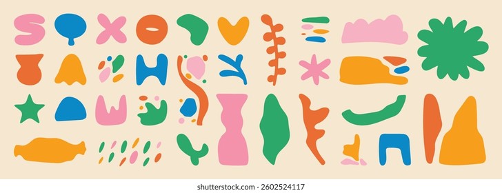 Set of abstract organic shapes vector. Collection of contemporary figure, leaf, flower, sparkle, geometric shape in funky groovy. Cute hippie design element perfect for banner, print, stickers.