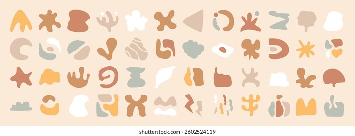 Set of abstract organic shapes vector. Collection of contemporary figure, leaf, flower, sparkle, geometric shape in funky groovy. Cute hippie design element perfect for banner, print, stickers.