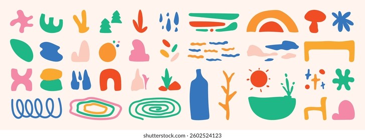 Set of abstract organic shapes vector. Collection of contemporary figure, leaf, flower, sparkle, geometric shape in funky groovy. Cute hippie design element perfect for banner, print, stickers.