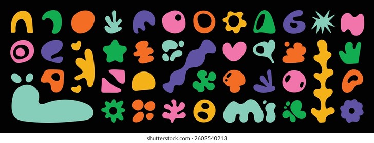 Set of abstract organic shapes vector. Collection of contemporary figure, leaf, flower, sparkle, geometric shape in funky groovy. Cute hippie design element perfect for banner, print, stickers.