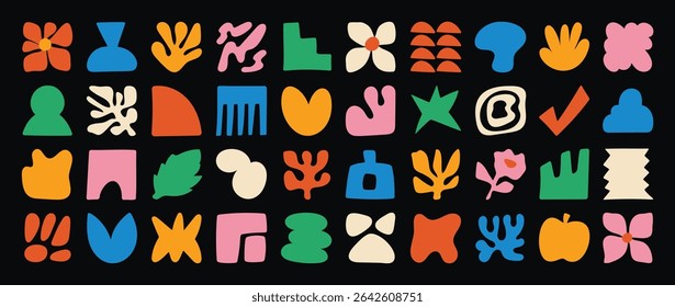 Conjunto de Formas orgánicas abstractas Vector. Colección de figura contemporánea, nube, flor, brillo, forma geométrica en groovy funky. Lindo elemento de diseño hippie perfecto para el Anuncio, impresión, pegatinas.
