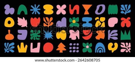 Set of abstract organic shapes vector. Collection of contemporary figure, cloud, flower, sparkle, geometric shape in funky groovy. Cute hippie design element perfect for banner, print, stickers.