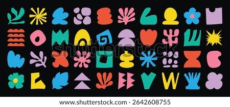 Set of abstract organic shapes vector. Collection of contemporary figure, cloud, flower, sparkle, geometric shape in funky groovy. Cute hippie design element perfect for banner, print, stickers.