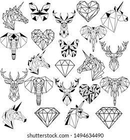 set of abstract origami animals, elephants, deer, butterflies, unicorns, diamonds vector, tattoo