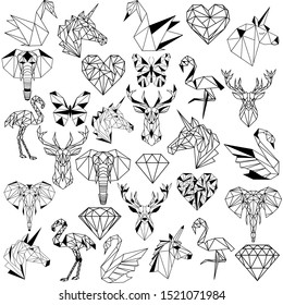 set of abstract origami animals, elephants, deer, butterflies, unicorns, diamonds,swans, flamingos vector, tattoos