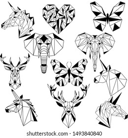 set of abstract origami animals unicorns, deer, butterflies, elephant vector