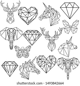 set of abstract origami animals unicorns, deer, butterflies, elephant, diamonds, vector