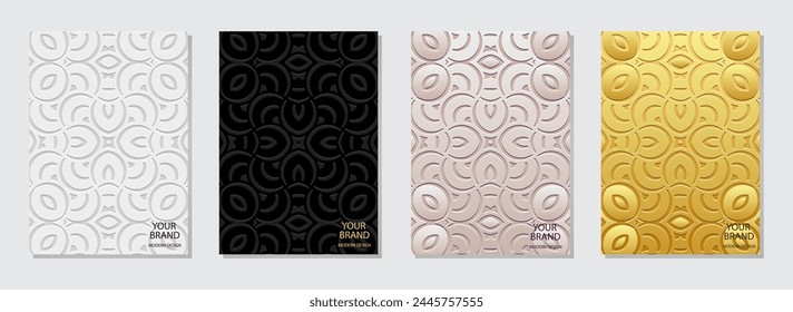 Set of abstract ornamental covers, vertical templates. A collection of raised, geometric backgrounds with a 3D tribal pattern. Doodling, handmade, boho. Ethnicity of the East, Asia, India, Mexico
