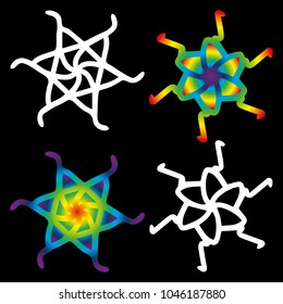Set of abstract ornaments in neon style. Stars with curved petals.
