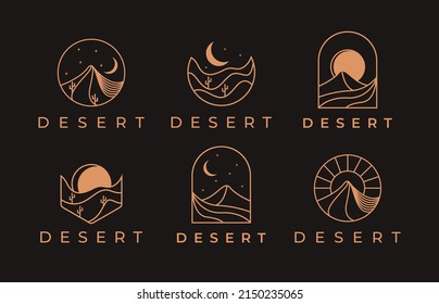 Set of abstract outdoor landscape day and night desert logo with lineart style on dark background